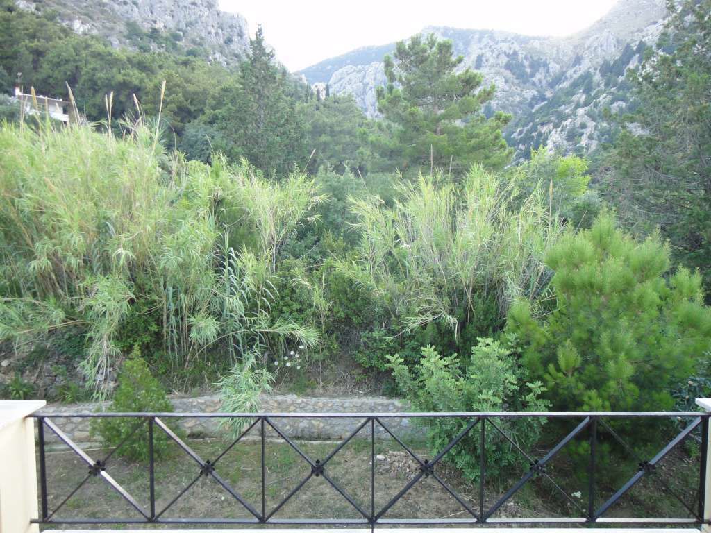Un balcón con barandilla de metal que da a un paisaje montañoso con diversos arbustos y árboles verdes.