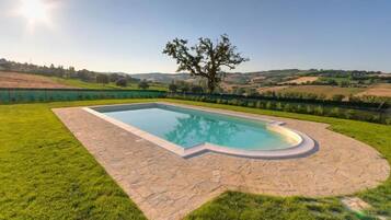 Outdoor pool, open 9:00 AM to 8:00 PM, pool umbrellas, sun loungers