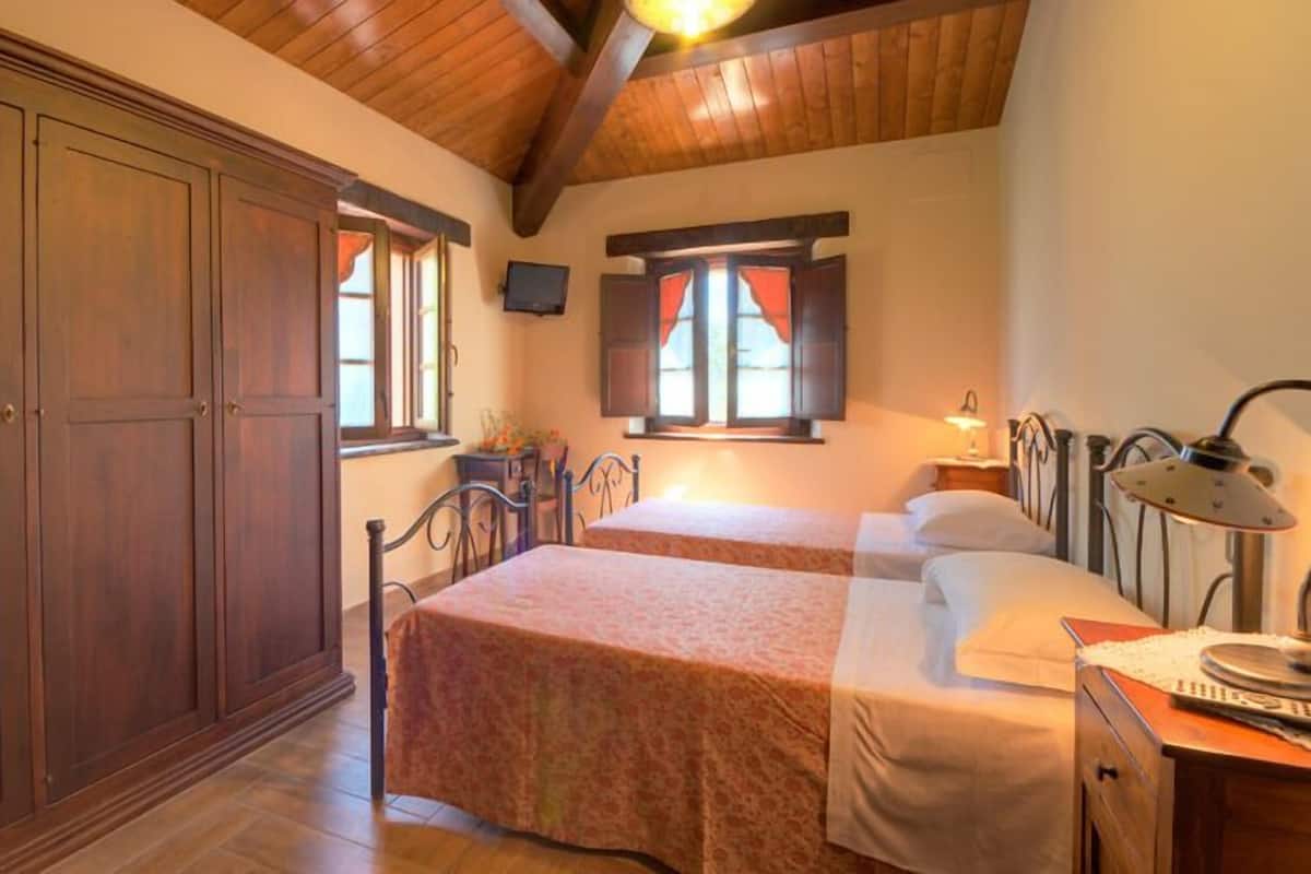 A bedroom with two beds, wooden wardrobe, a television, and a desk with a lamp.