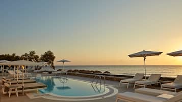 7 outdoor pools, open 8 AM to 8:00 PM, pool umbrellas, pool loungers
