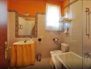 Combined shower/bathtub, free toiletries, hair dryer, bidet