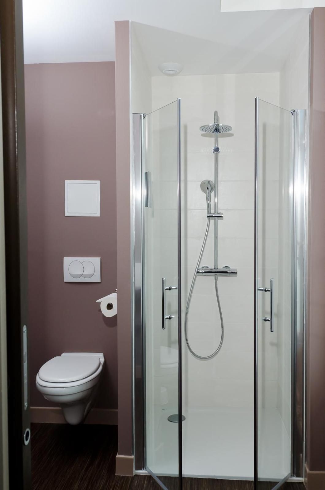 A modern bathroom with a glass-enclosed shower, a toilet, and a wall-mounted toilet paper holder.