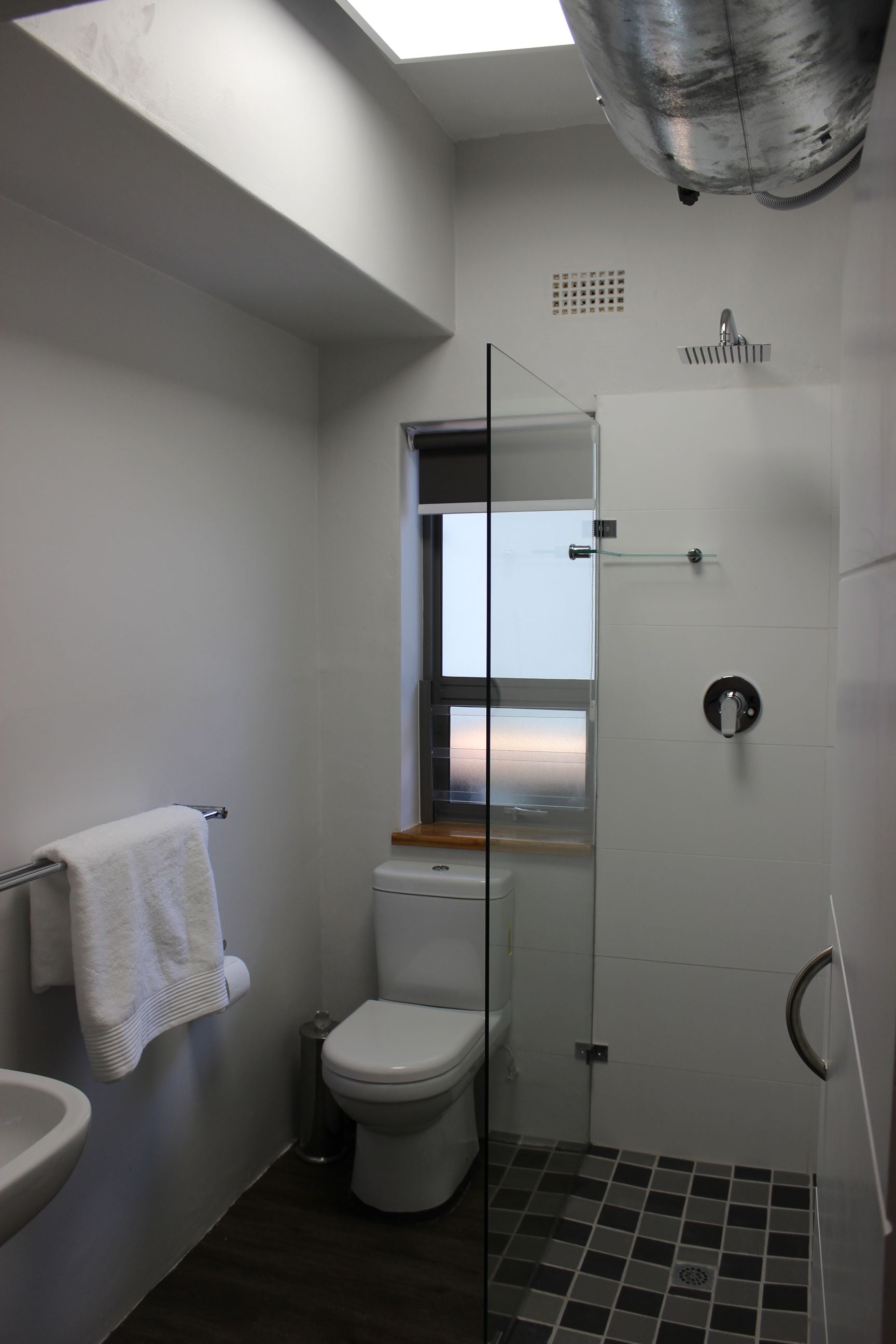 A modern bathroom with a glass shower enclosure, a toilet, and a sink.