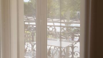 A view through a window with a metal railing, a clear sky, and trees in the background.