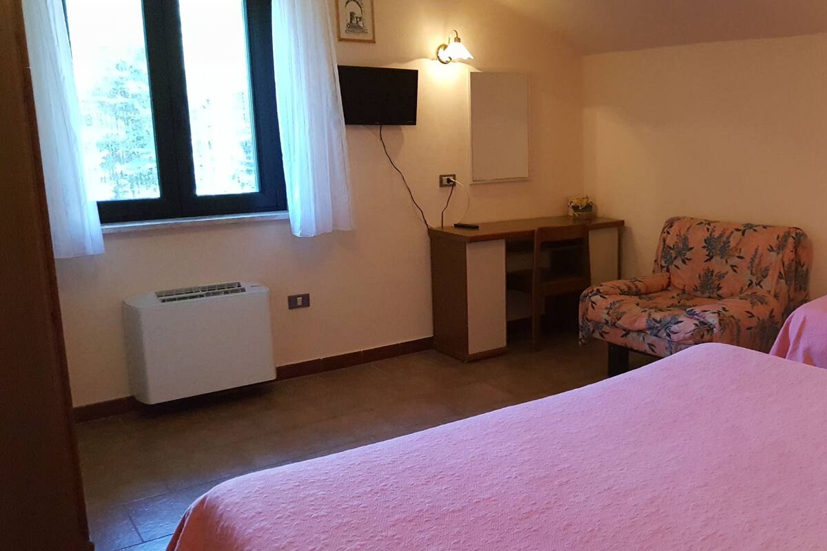 Une chambre avec deux lits, un bureau, une chaise, une télévision et une fenêtre avec des rideaux.