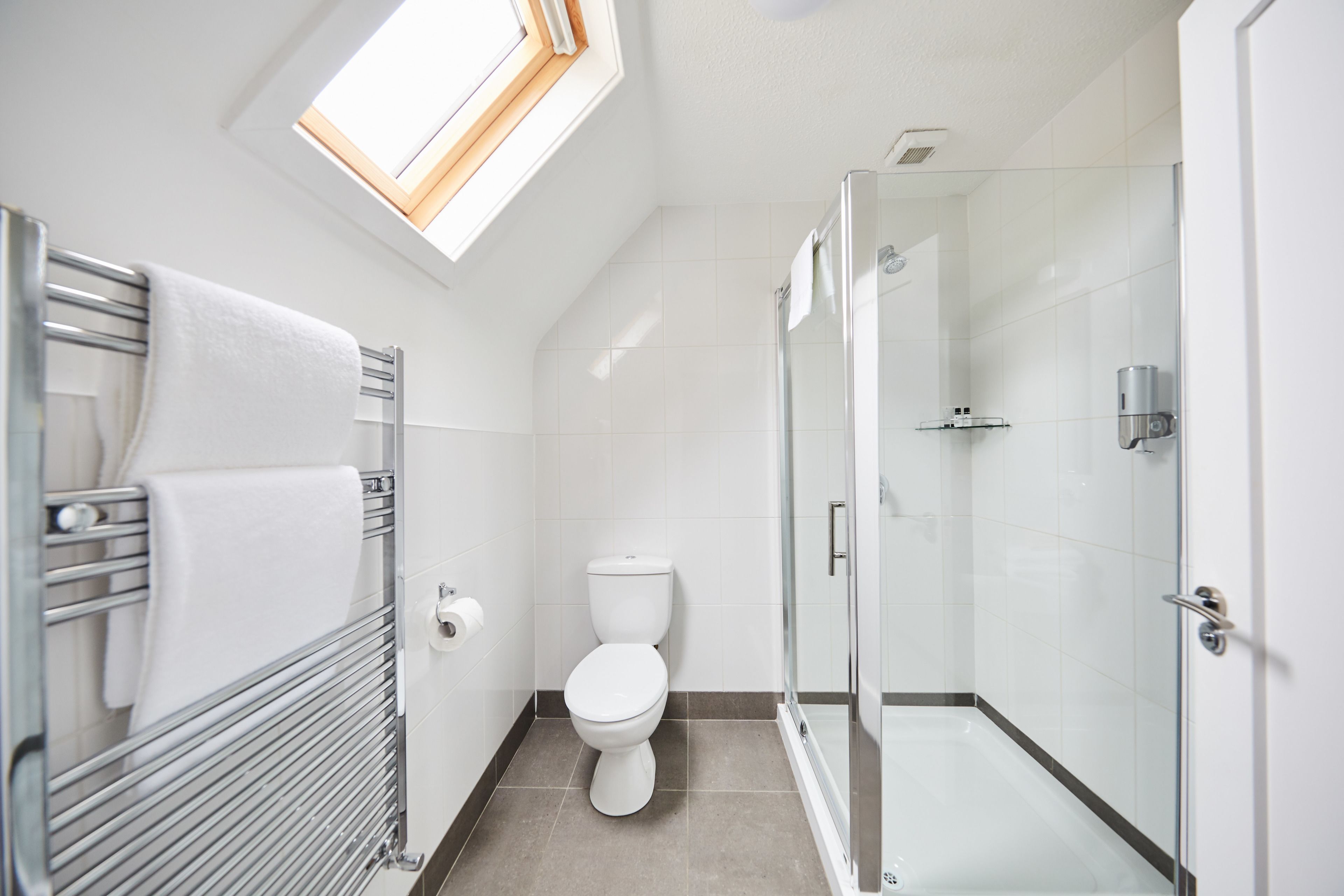 A modern bathroom with a skylight, a glass shower enclosure, and a white toilet.