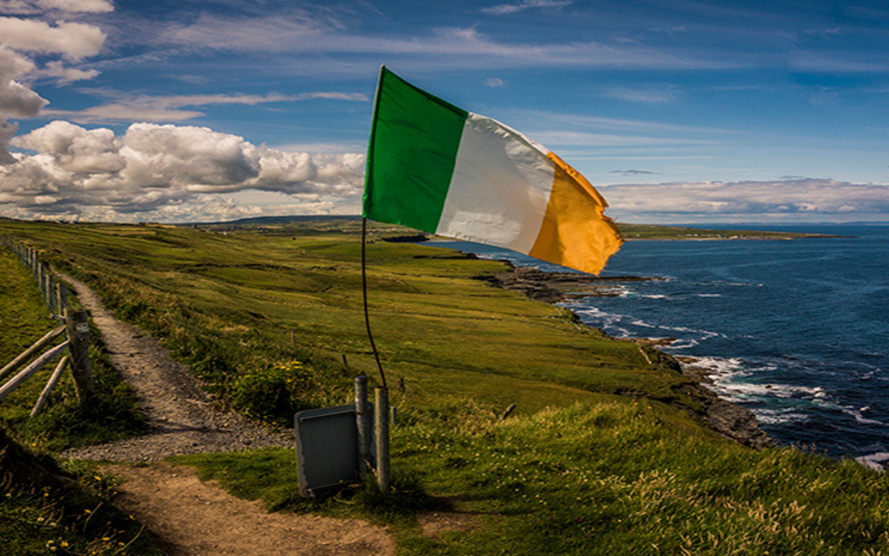 A flag on a grassy cliff overlooking the ocean.