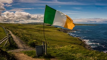 A flag on a grassy cliff overlooking the ocean.