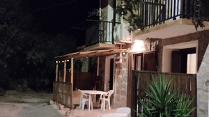 Un espace extérieur aménagé en terrasse, avec une table et des chaises, un pot de fleurs et un mur en pierre.