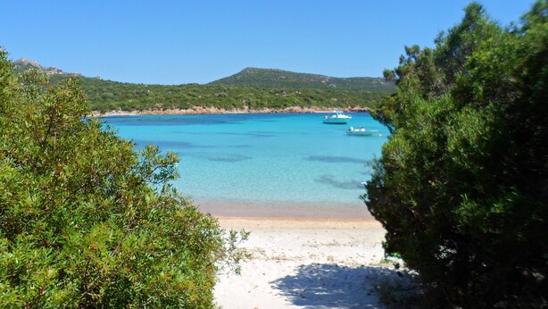 Une plage bordée d’une eau turquoise et limpide, un bateau, et des collines verdoyantes en arrière-plan.