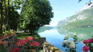 Vista tranquila de um lago, com vegetação exuberante e flores em vasos.