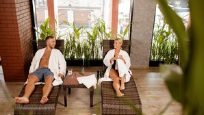 Two people sitting on wicker lounge chairs in a room with large windows, a brick wall, and potted plants. - Metropol Spa Hotel (Tallinn)