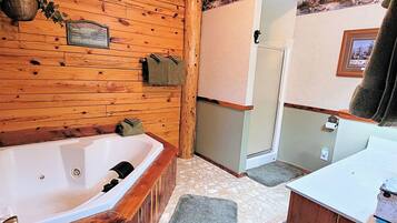 Shower, jetted tub, hair dryer, towels