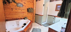 Shower, jetted tub, hair dryer, towels