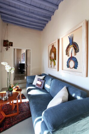 House, 3 Bedrooms, Sea View (E2) | Living area | Flat-screen TV, fireplace, DVD player - Tinos E Houses (Tinos)