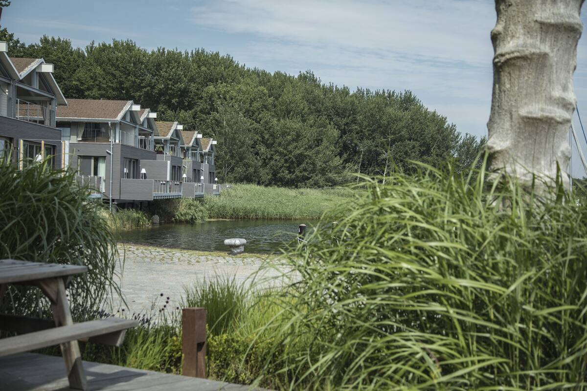 En utsikt över floden med moderna byggnader, en träbrygga och frodig grönska.