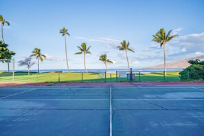 Ein Tennisplatz mit Blick auf den Ozean und Palmen.
