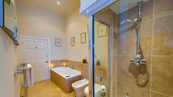 Bathtub, hair dryer, bidet, towels