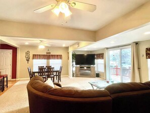 Smart TV, fireplace, books