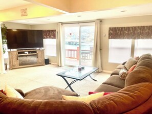 Smart TV, fireplace, books