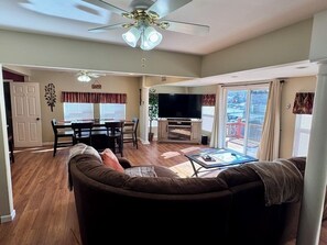 Smart TV, fireplace, books