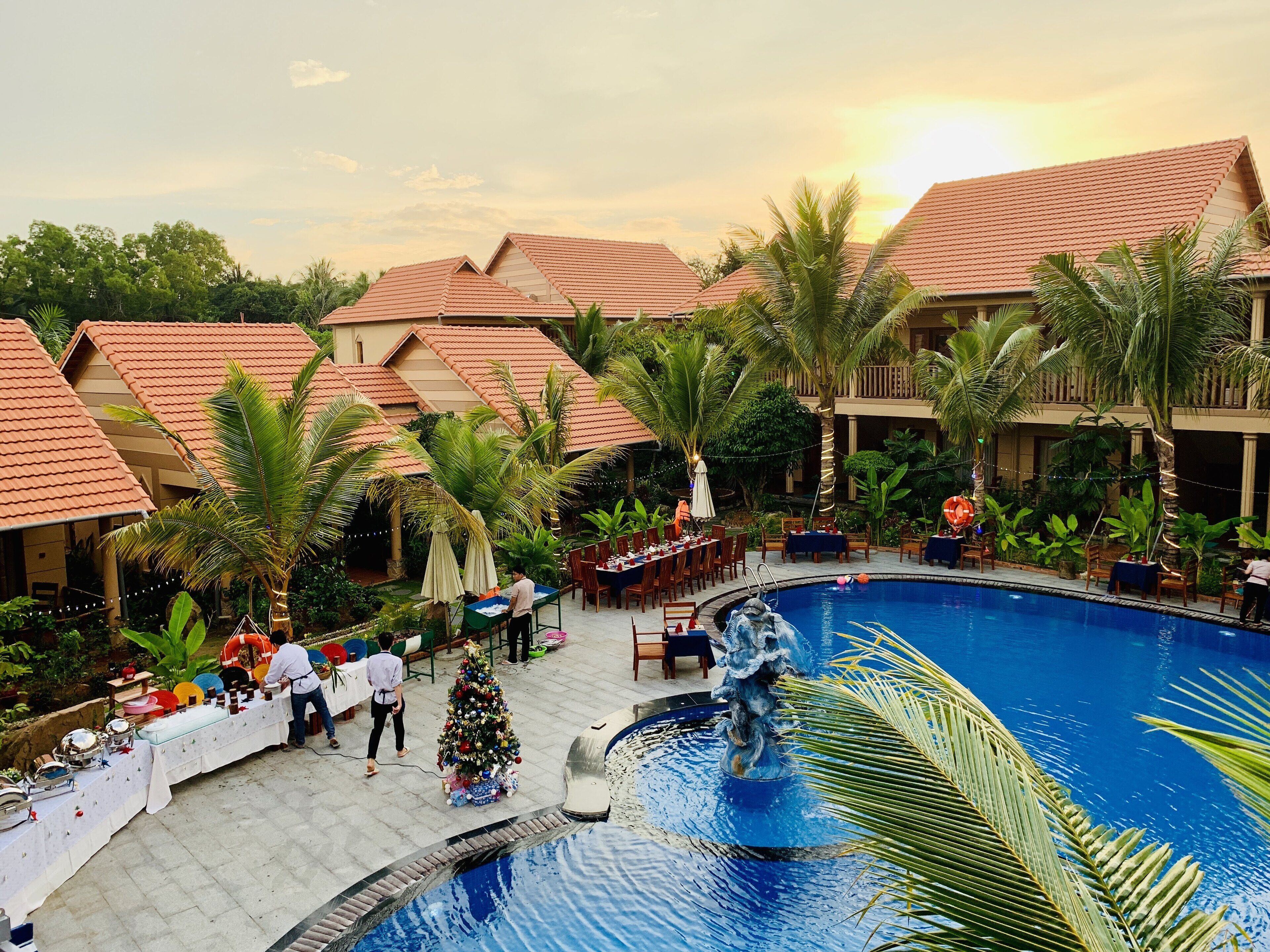 A resort with a swimming pool, palm trees, and a Christmas tree.