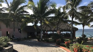 Un patio empedrado con palmeras, una estructura con techo de paja y vista al mar.