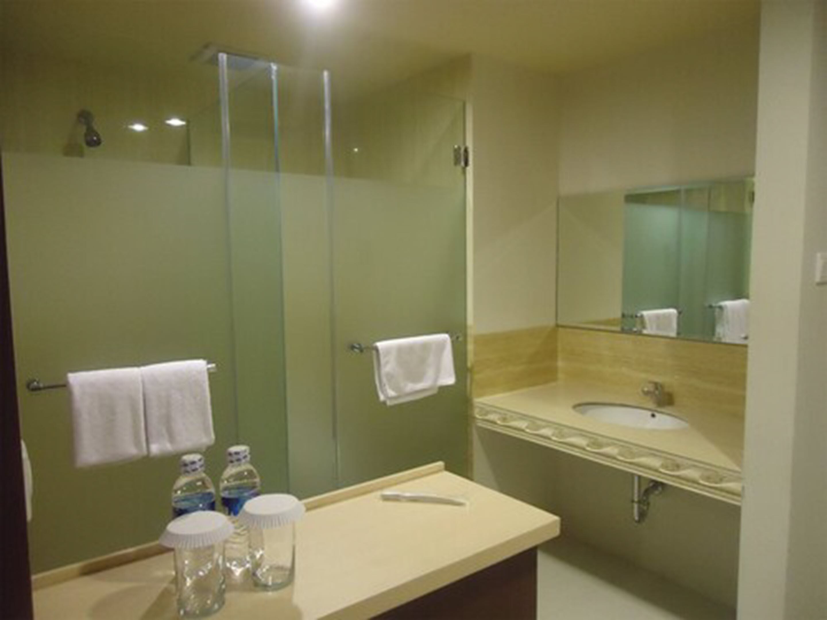 Un baño con cabina de ducha de vidrio, un lavamanos con espejo y dos toallas colgadas de ganchos.
