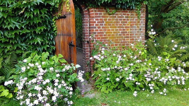 Un mur de briques surmonté d’un portail en bois, le tout entouré d’une végétation luxuriante et de plantes en fleurs.
