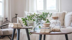 A cozy living room with a sofa, a coffee table with books and a plant, and a window with curtains. - Amymone Suites (Nafplio)