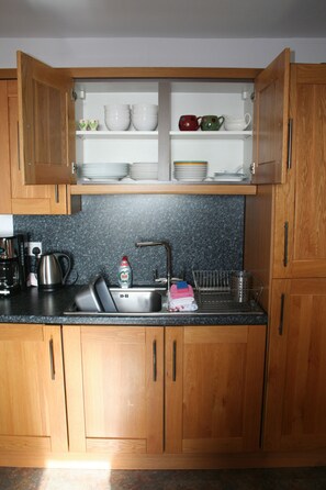 Full-sized fridge, microwave, oven, stovetop
