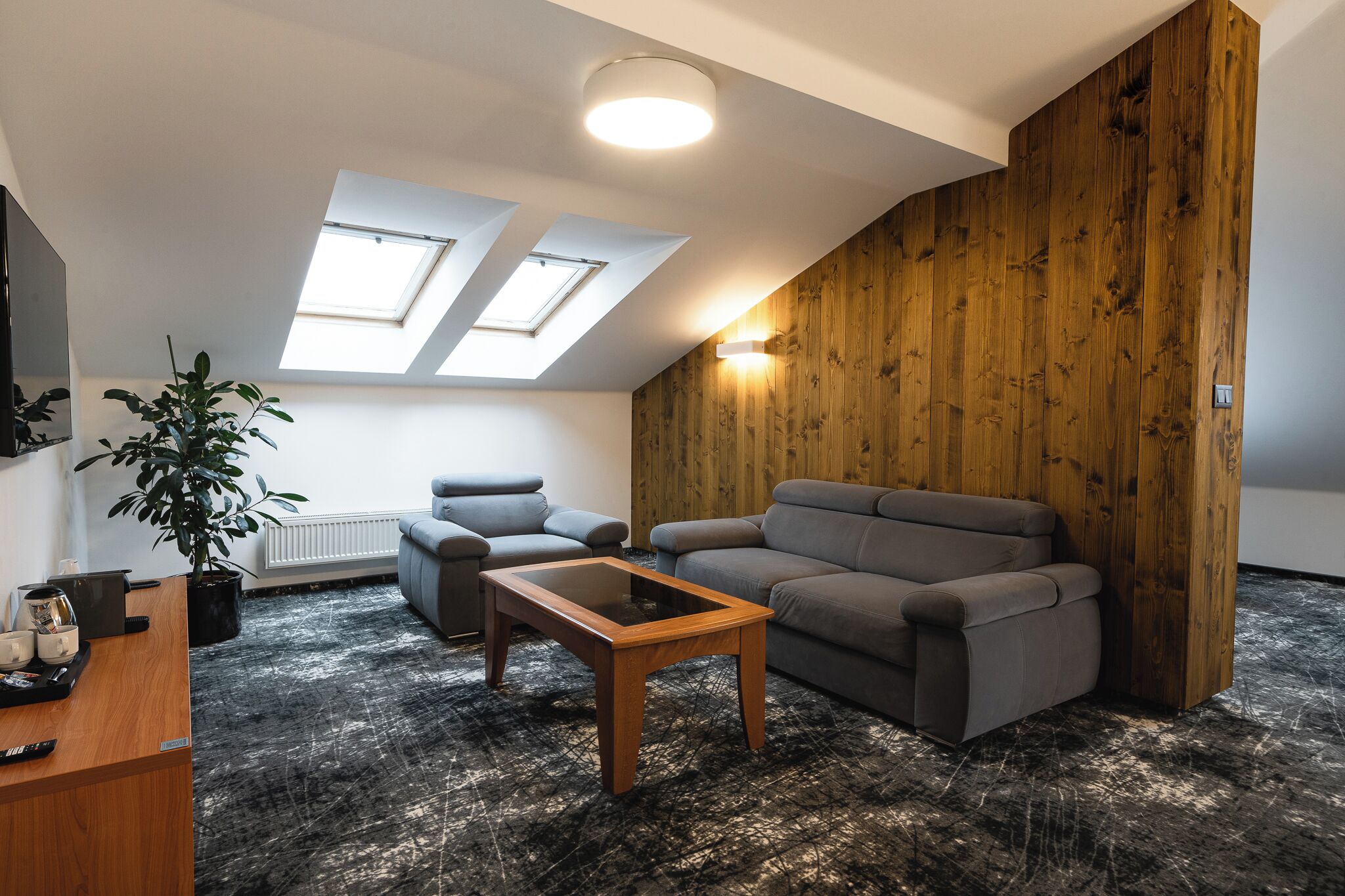 A modern living room with a wooden accent wall, a sofa, a coffee table, and a potted plant.