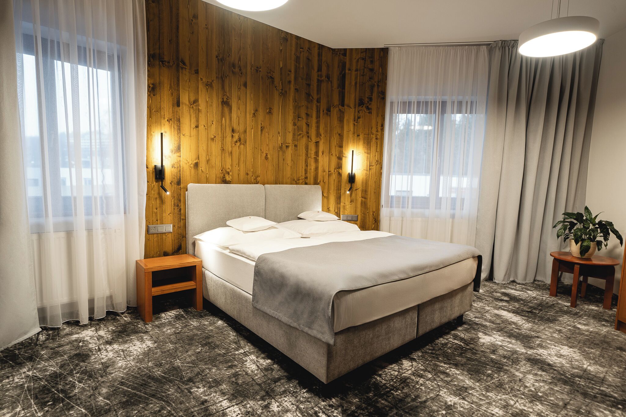A modern hotel room with a wooden accent wall, a large bed with a beige comforter, two bedside tables, and a small potted plant.