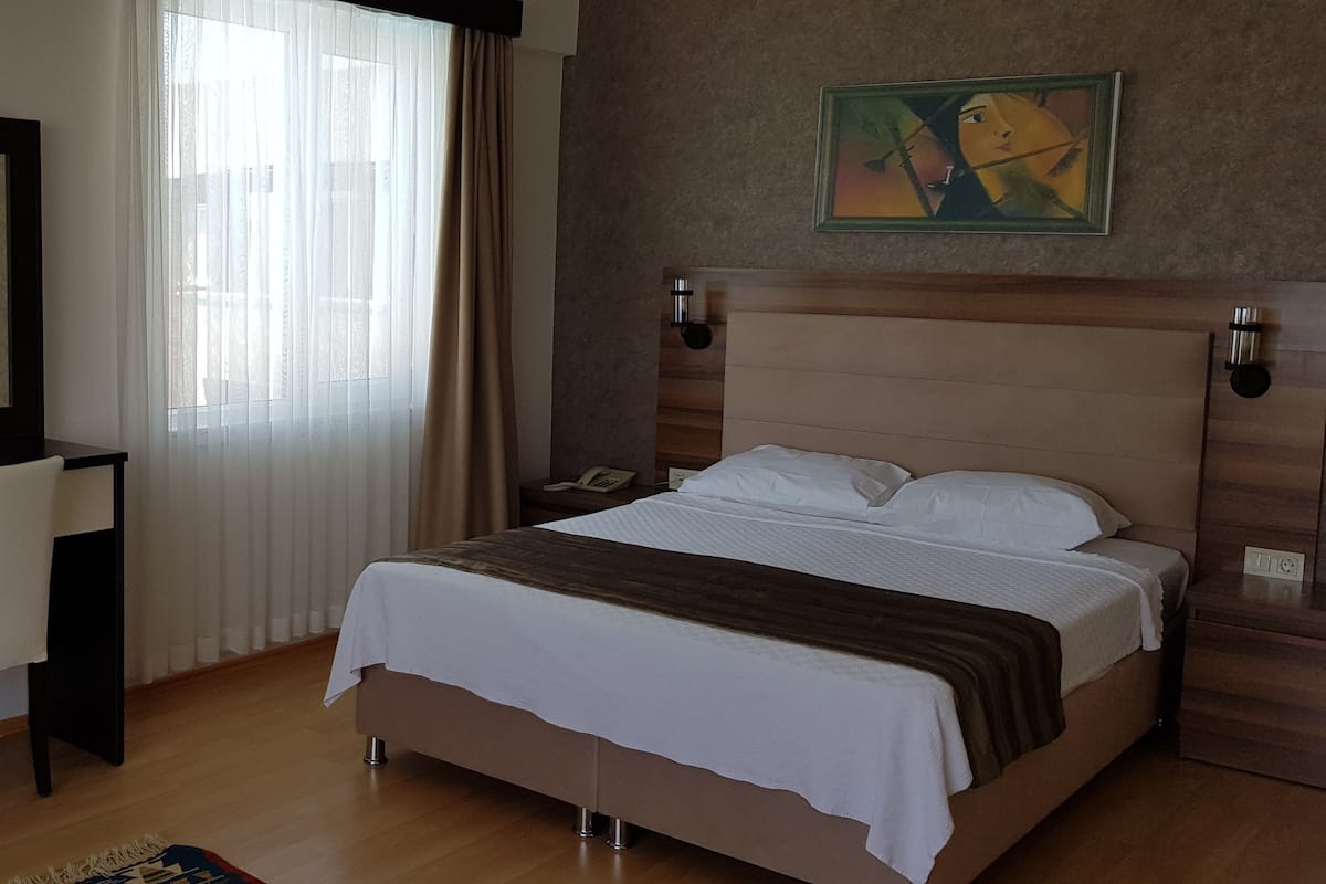 Une chambre d’hôtel avec un lit, un bureau et une chaise, un miroir, un tableau au mur et une fenêtre avec des rideaux.