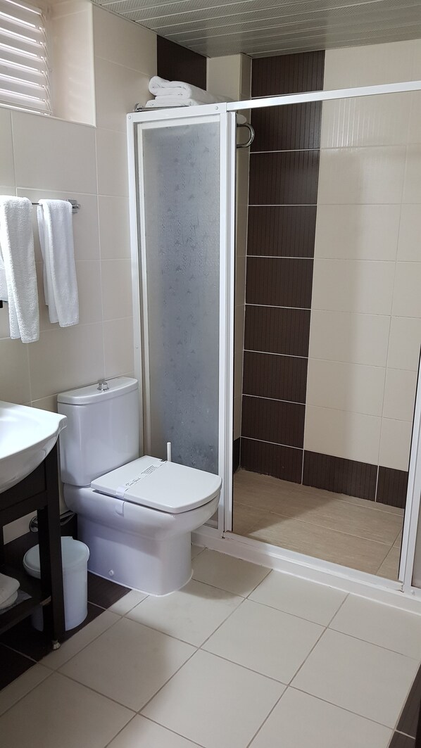 Un baño con inodoro, lavamanos y una zona de ducha con puerta de vidrio.
