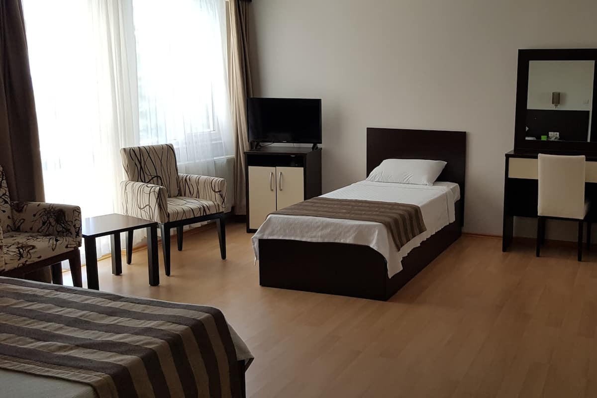Une chambre d’hôtel avec deux lits simples, un bureau avec une chaise, une télévision et une grande fenêtre avec des rideaux.
