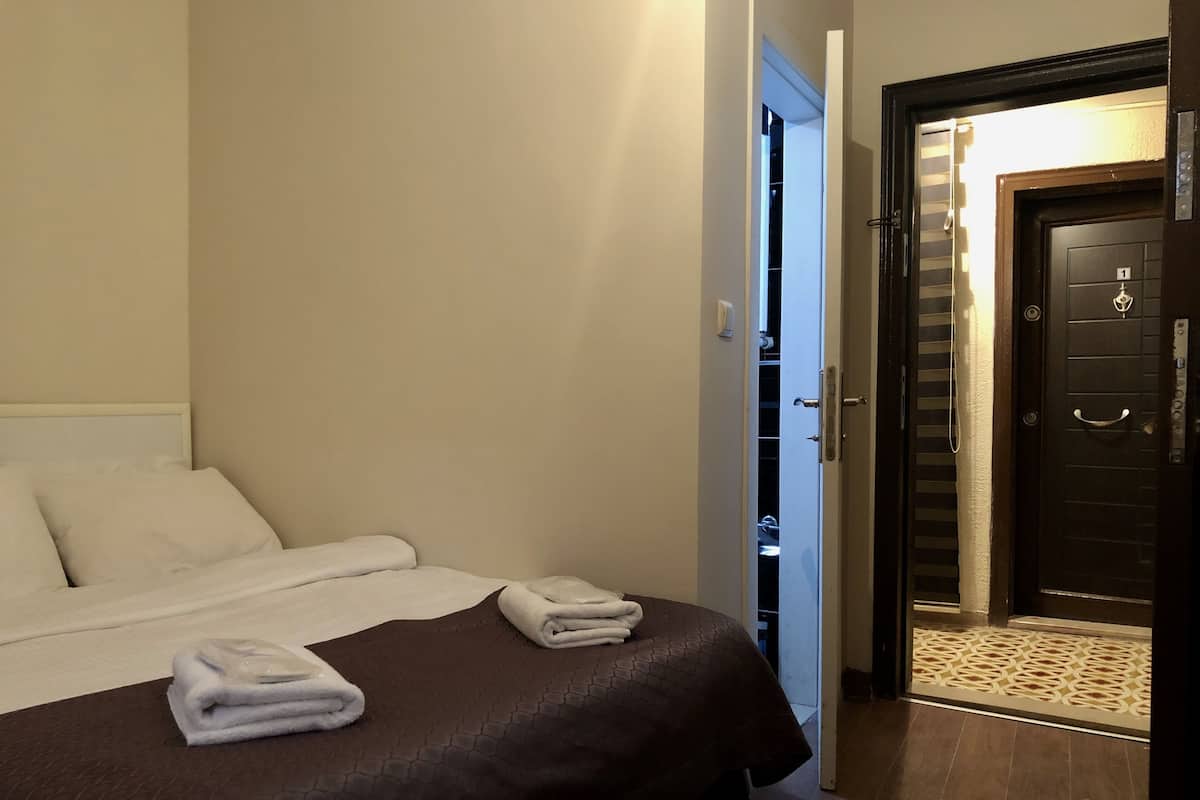 A hotel room with a bed, a door to a closet, and a door to the outside.