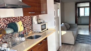 Honeymoon Condo | Private kitchen | Fridge, electric kettle, paper towels