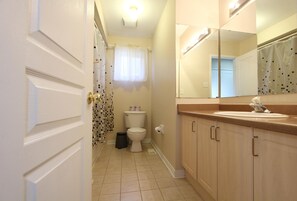 A bathroom with a toilet, sink, and mirror. - Pelicanstay in Churchill Meadows (Mississauga)