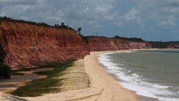 A coastal beach with a sandy shore, a cliff, and a clear sky.