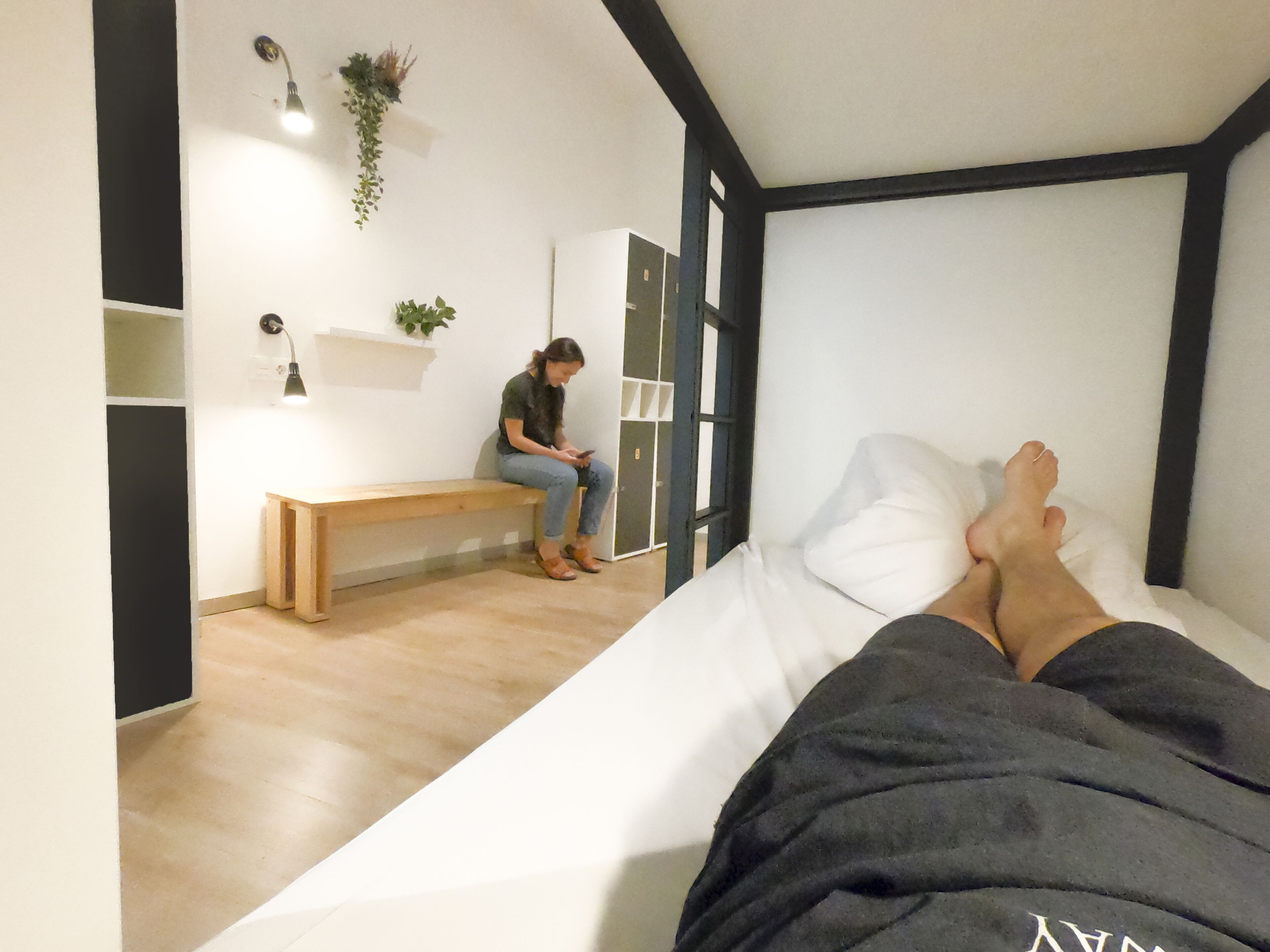 Un dormitorio con cama, un banco, un escritorio y una planta colgante.