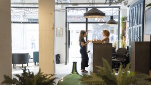 An interior space with a reception desk, seating area, and potted plants. - Koba Hostel (San Sebastián)