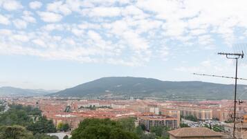 A cityscape with buildings, a mountain, and a clear sky.