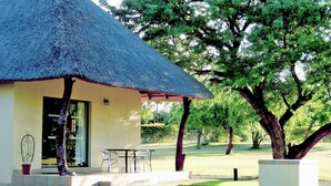 A thatched-roof building with a patio, outdoor seating, and a large tree nearby.