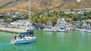 Un puerto deportivo con barcos amarrados, rodeado de edificios residenciales y colinas al fondo.