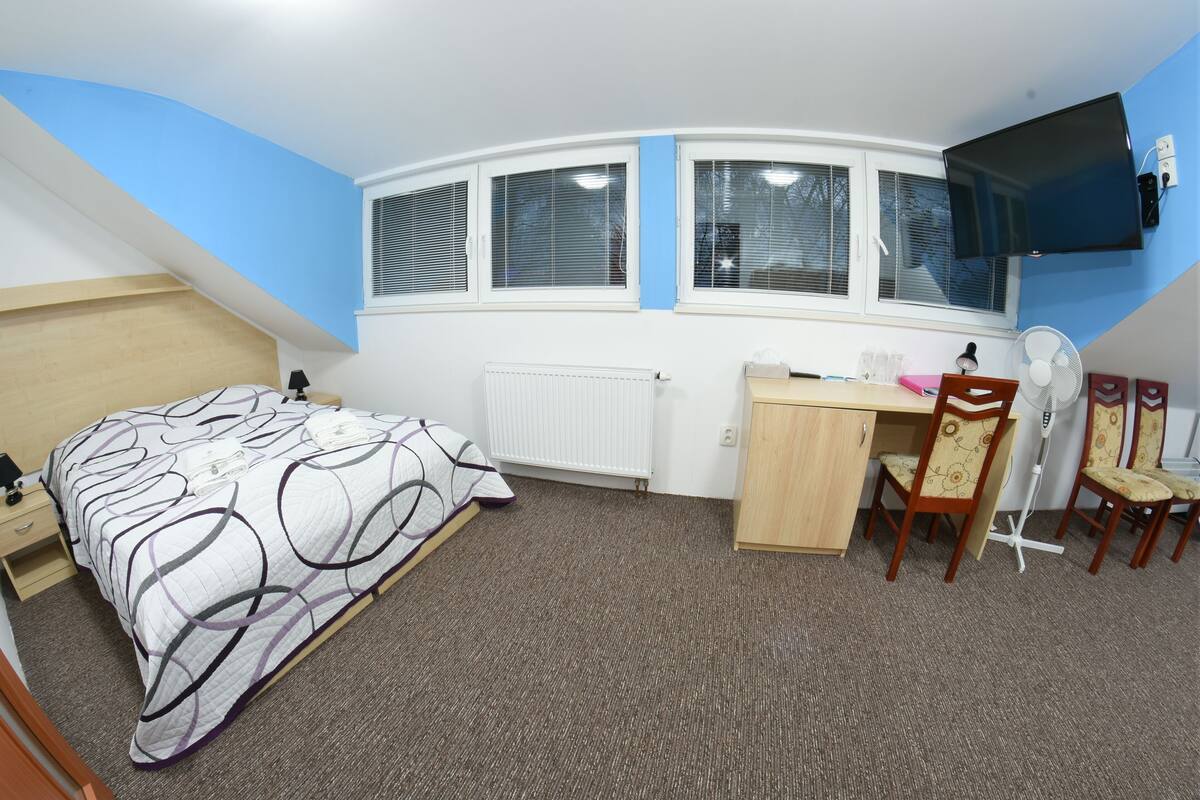Une chambre à coucher comprenant un lit, un bureau, des chaises, un radiateur et un téléviseur fixé au mur.