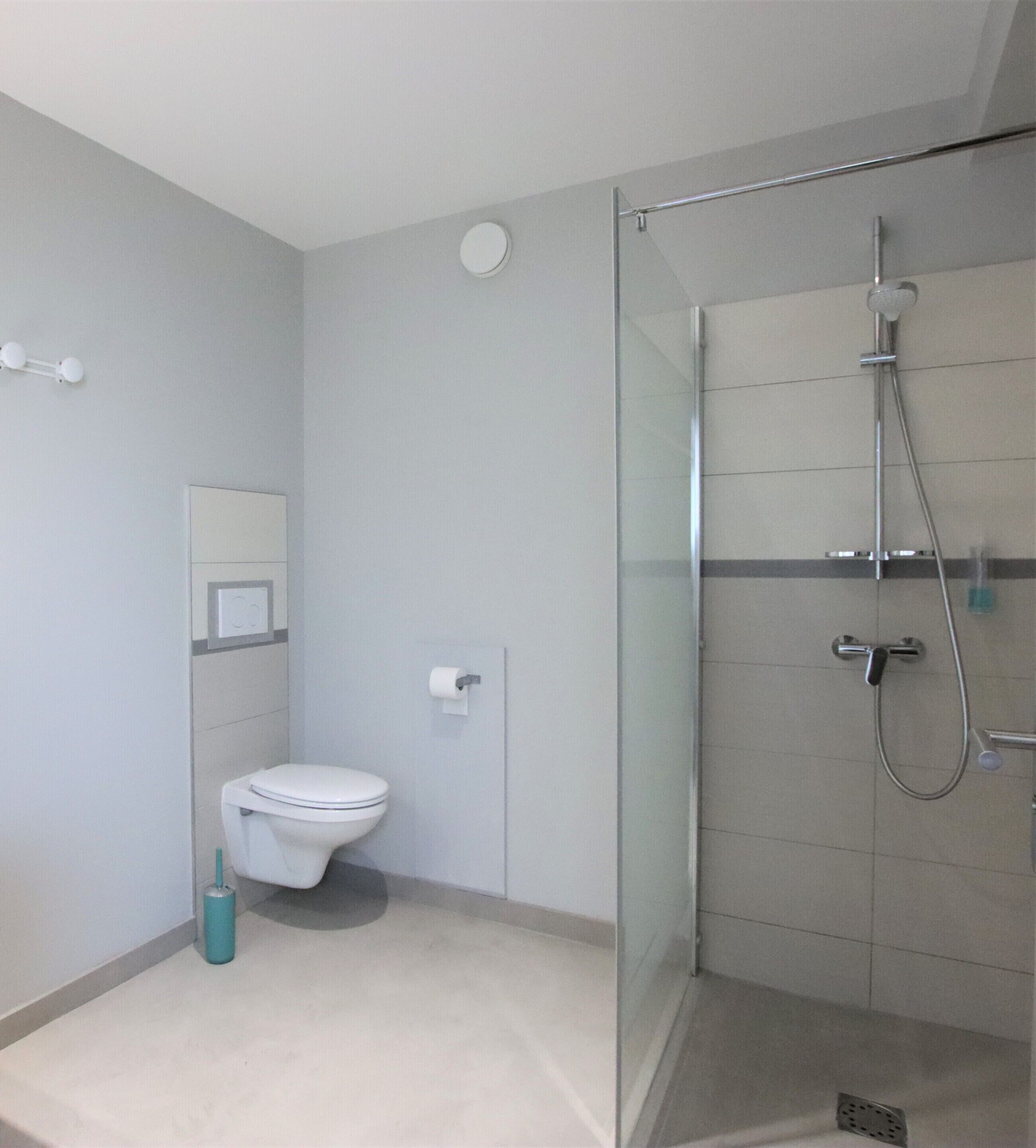 Een moderne badkamer met een douchecabine van glas, een toilet en een wastafel.