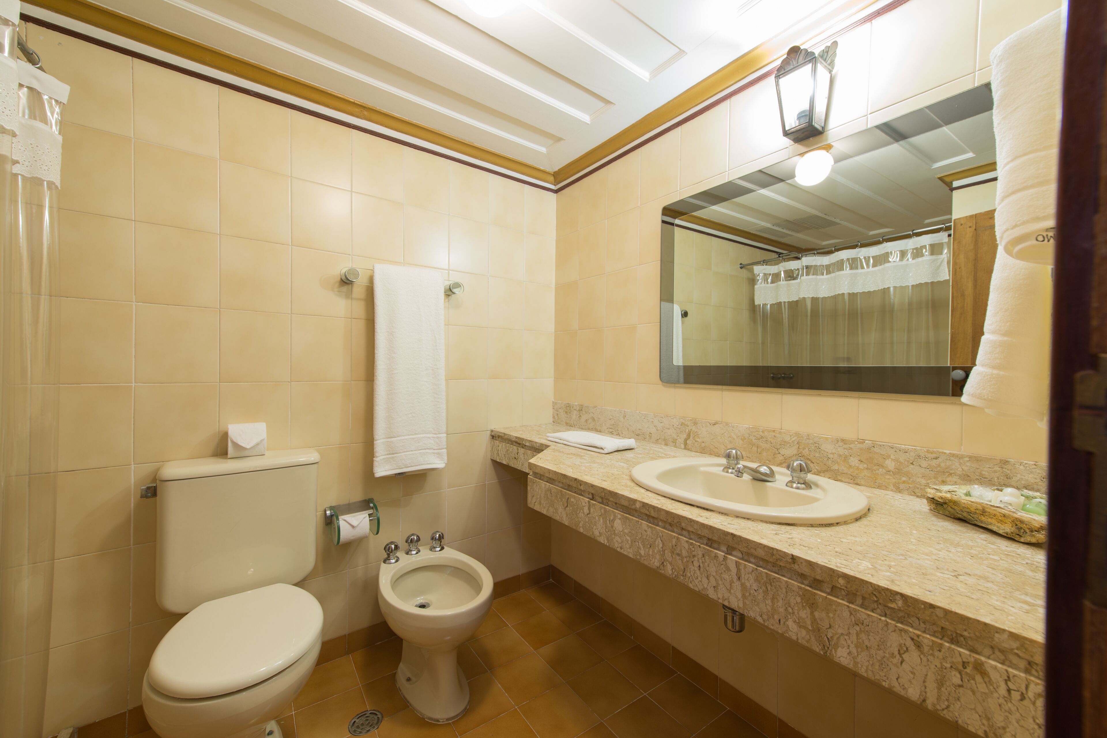A bathroom with a toilet, bidet, sink, and mirror.