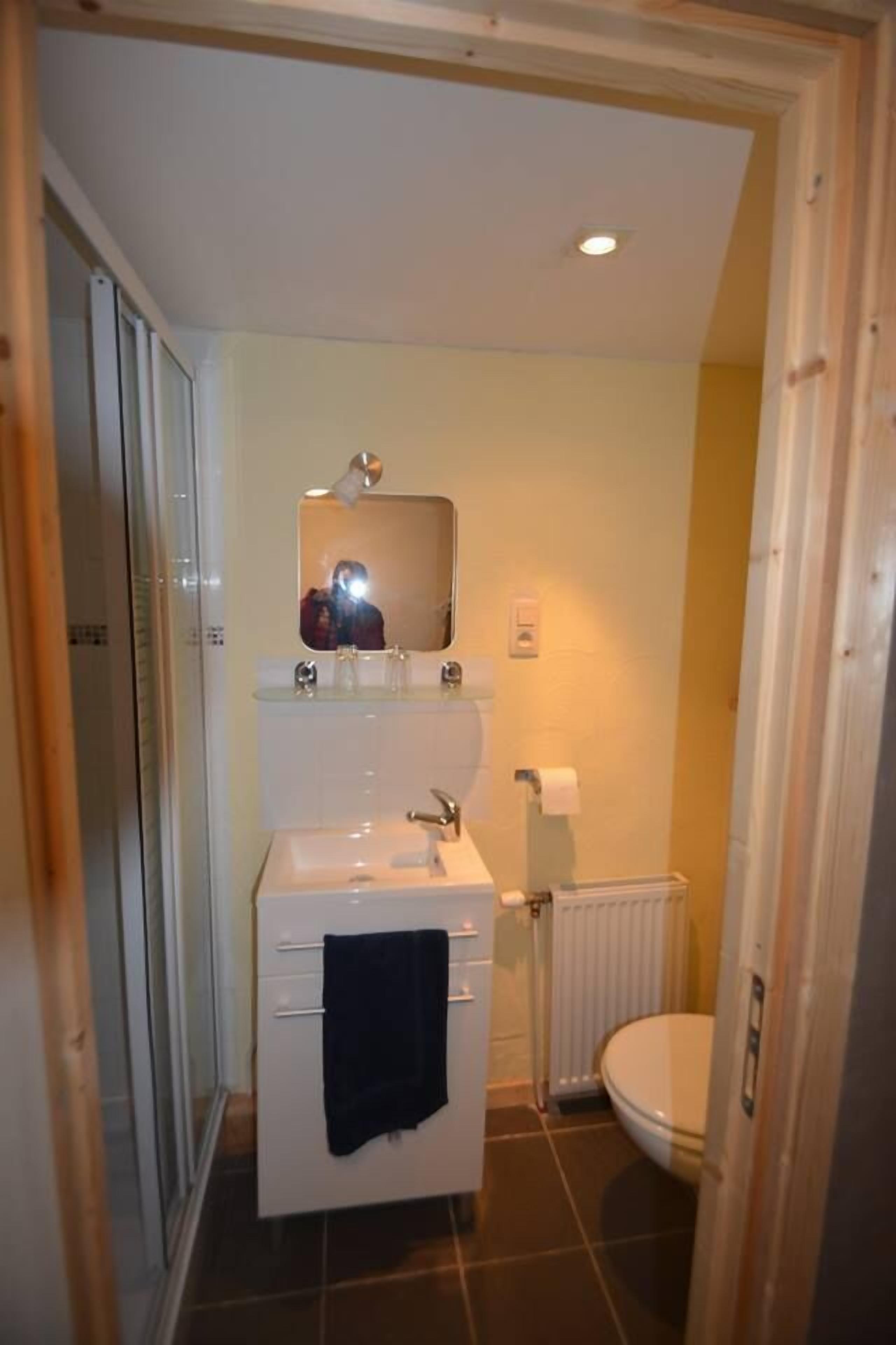 A bathroom with a white sink, mirror, and toilet.