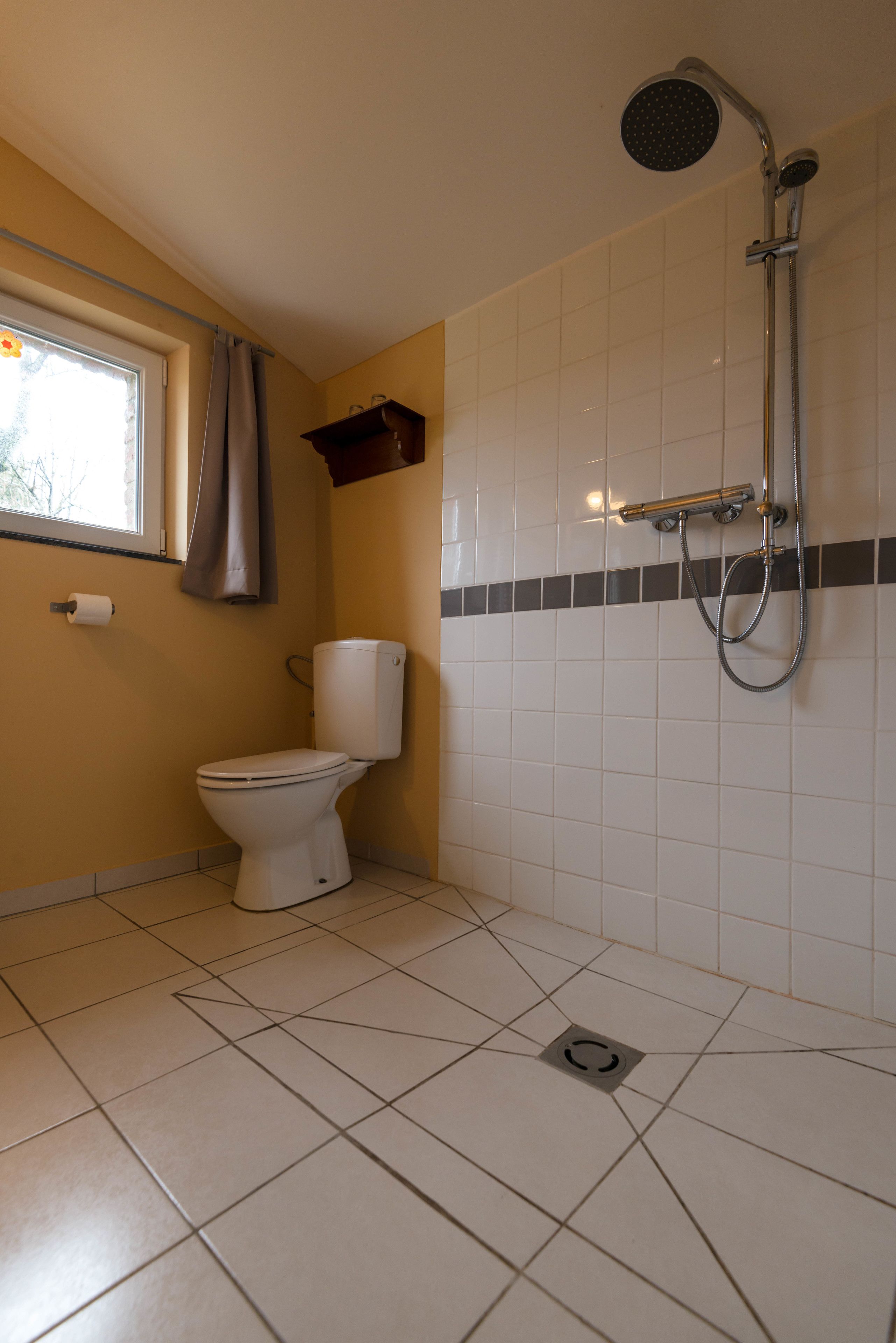 A bathroom with a toilet, a shower, and a window with a curtain.